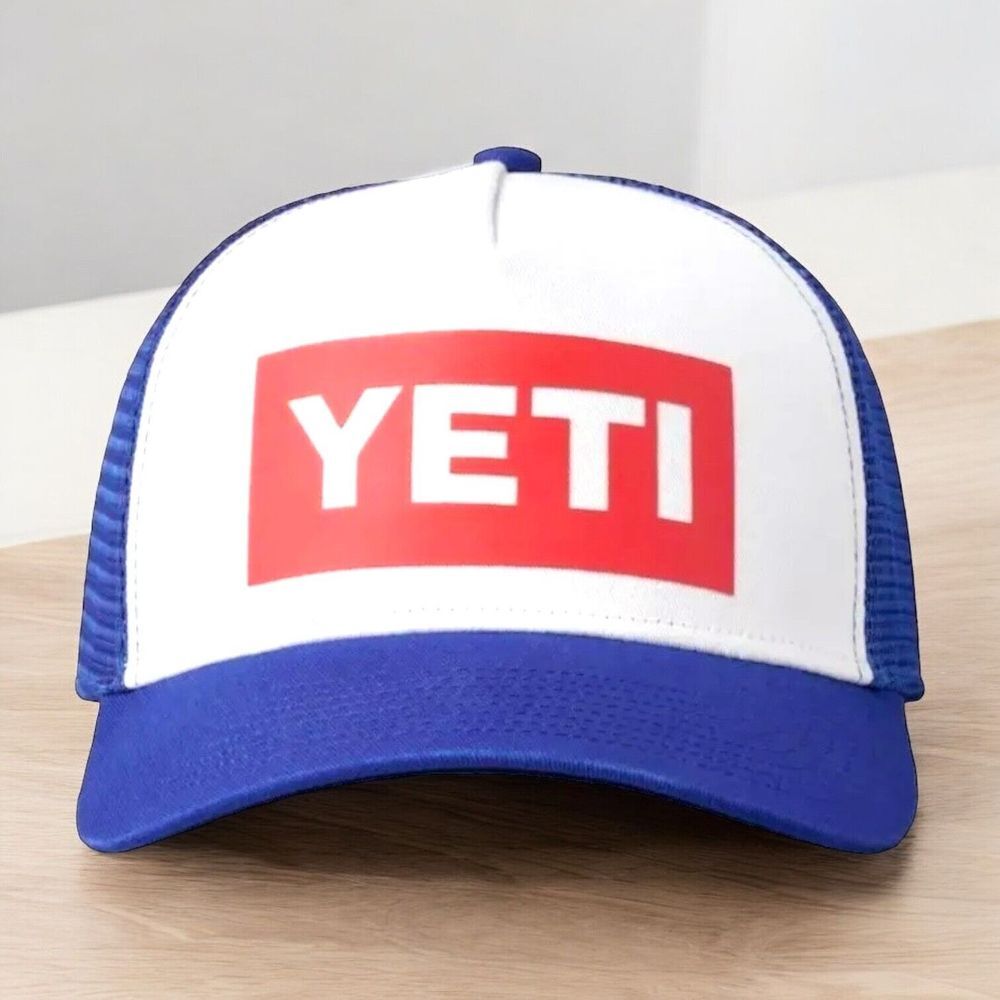 NEW Yeti American Logo Badge Snap Back Trucker Hat Red White‎ & Blue $25